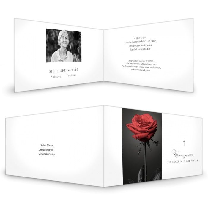 Geschmackvolle Trauerkarte mit Rose und Erinnerungsfoto