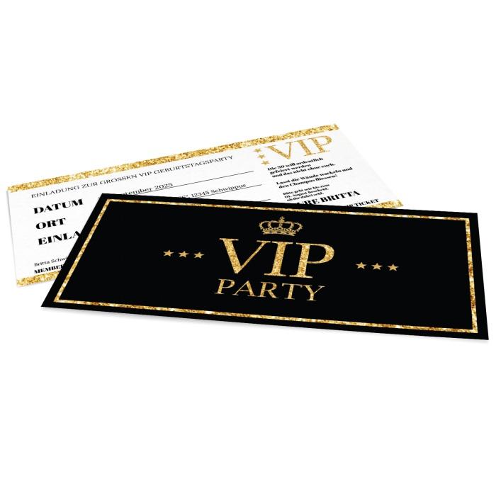 Glamour Geburtstagseinladung als VIP Ticket mit goldener Schrift