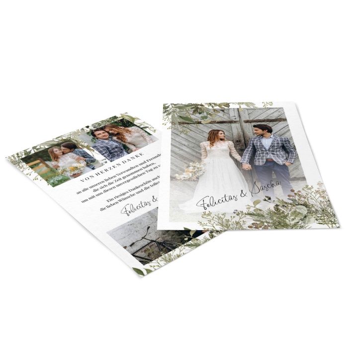 Greenery Hochzeitsdanksagung mit Gräsern, Eukalyptus und vielen Fotos
