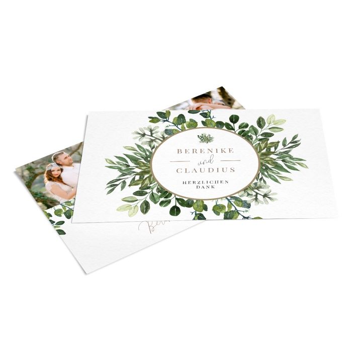 Greenery Hochzeitsdanksagung als Postkarte mit Eukalyptuszweigen