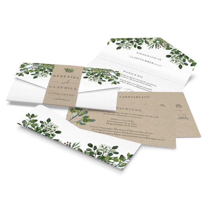 Greenery Hochzeitseinladung - Pocket mit Eukalyptus und Kraftpapieroptik