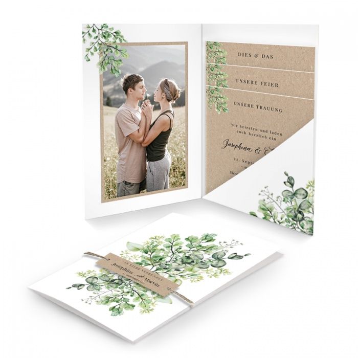 Greenery Hochzeitseinladung mit Eukalyptus als Gebinde