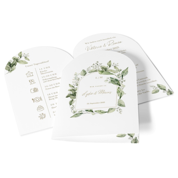 Greenery Hochzeitseinladung mit Eukalyptus Zweigen im Bogen Format