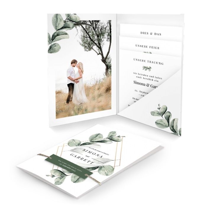 Greenery Pocket Hochzeitseinladung mit Eukalyptuszweigen