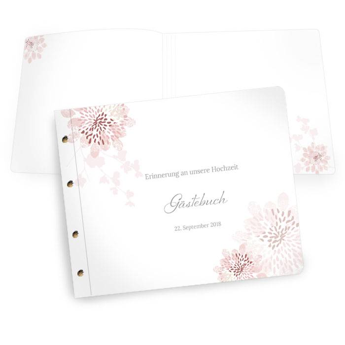 Großes Gästebuch zur Hochzeit mit rosa Blüten und 100 Seiten