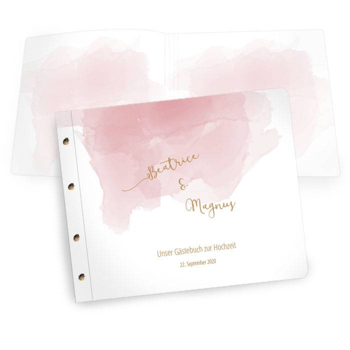 Gästebuch zur Hochzeit mit rosa Aquarell und Kalligraphie