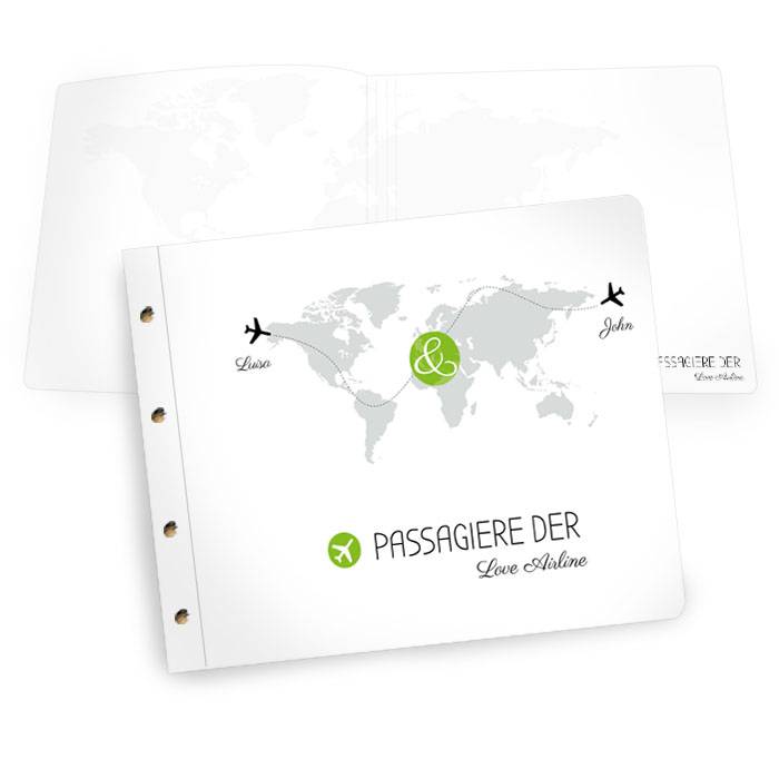 Großes Gästebuch mit Weltkarte und Flugzeugen in Grün