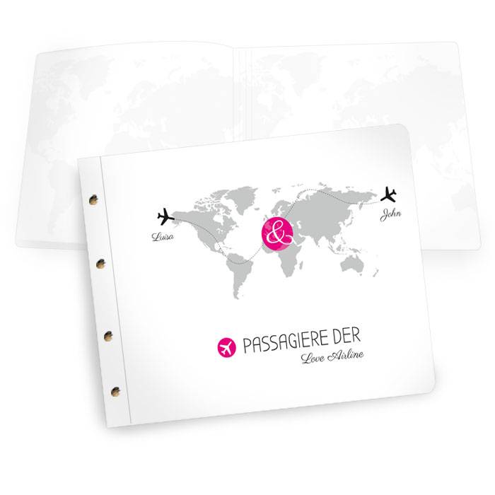 Großes Gästebuch mit Weltkarte und Flugzeugen in Pink