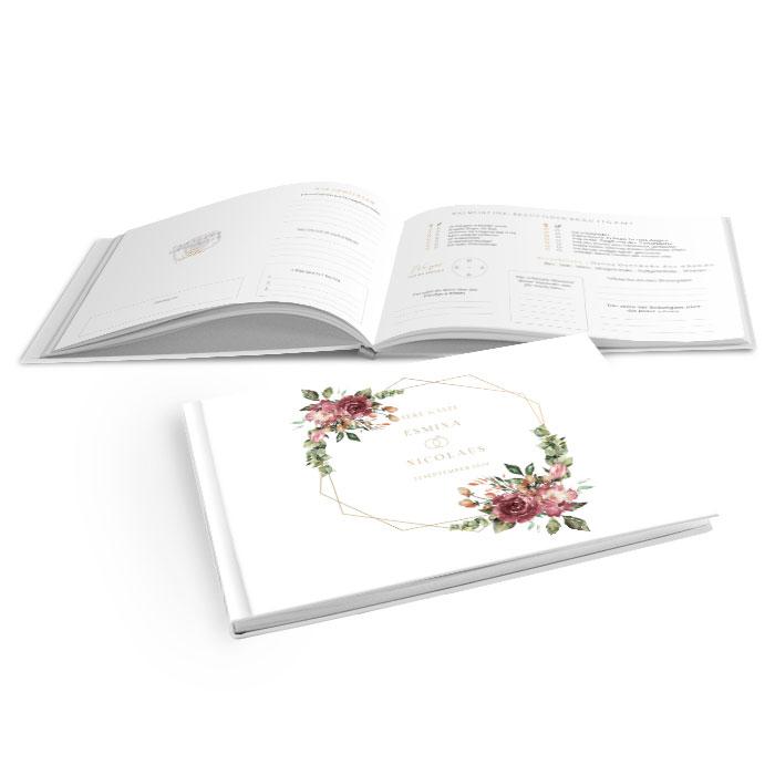 Hardcover Gästebuch Hochzeit mit goldenen Rahmen und Rosen in bordeaux