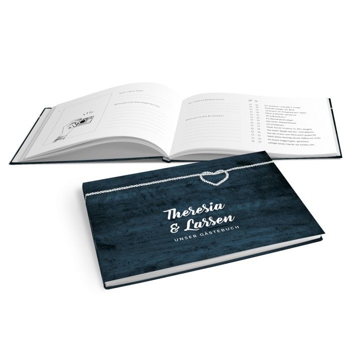 Hardcover Gästebuch im maritimen Stil mit Seil und blauem Holz