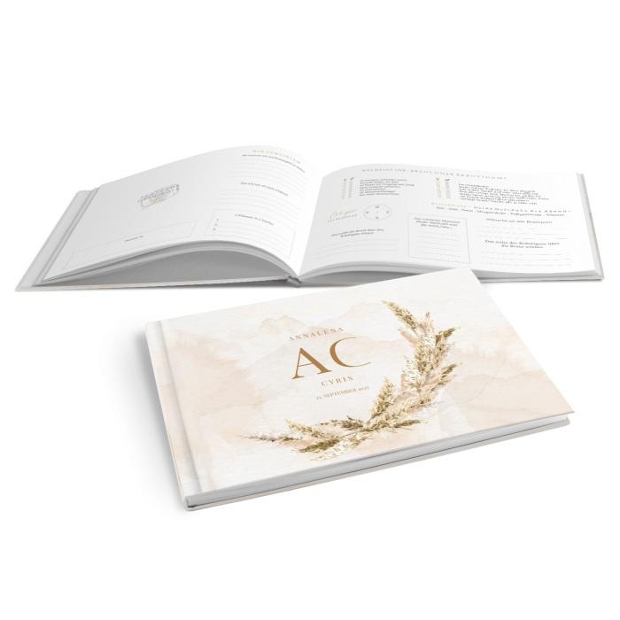 Hardcover Gästebuch mit Pampasgras und Initialen im Boho Stil - online selbst gestalten