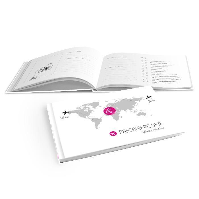 Hardcover Gästebuch mit Weltkarte und Flugzeugen in Pink