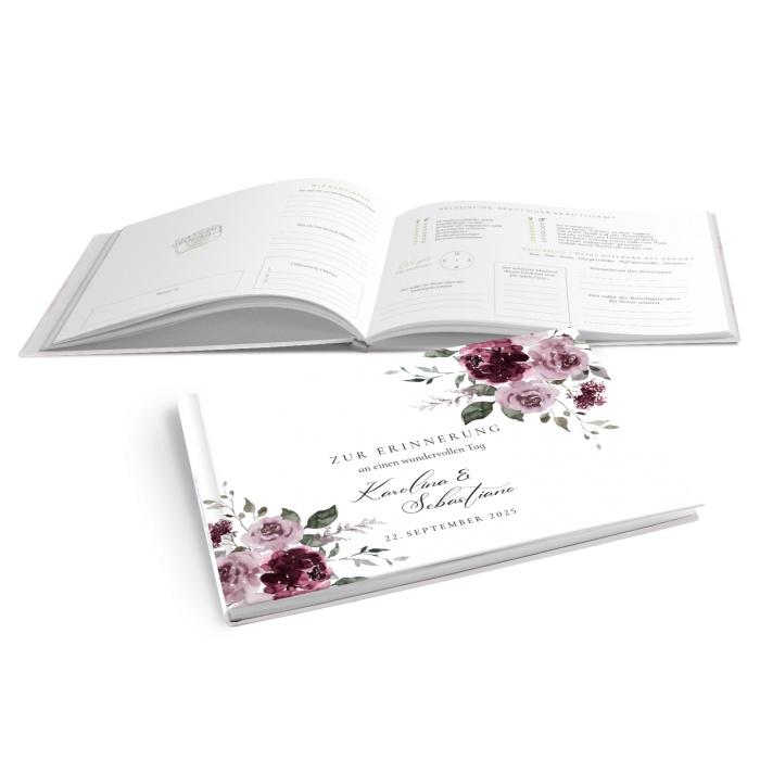 Hardcover Gästebuch zur Hochzeit Aquarell Rosen in Bordeaux