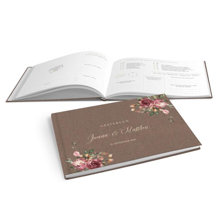 Hardcover Gästebuch zur Hochzeit im Jutestil mit Rosen - online selbst gestalten