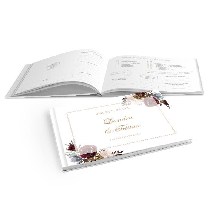 Hardcover Gästebuch zur Hochzeit mit Aquarell Blumen in Burgunder