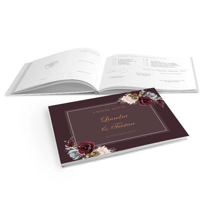 Hardcover Gästebuch zur Hochzeit mit Aquarellblumen in Bordeaux