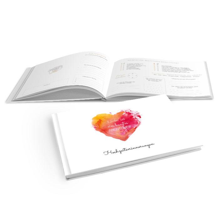 Hardcover Gästebuch zur Hochzeit mit Aquarellherz in Rot und Orange