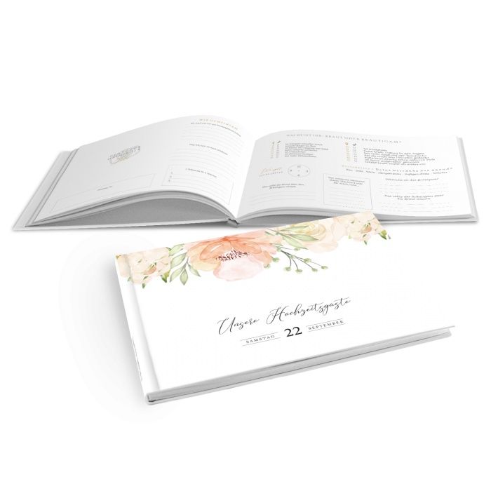 Hardcover Gästebuch zur Hochzeit mit Aquarellrosen in Blush