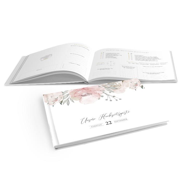 Hardcover Gästebuch zur Hochzeit mit Aquarellrosen in Rosa