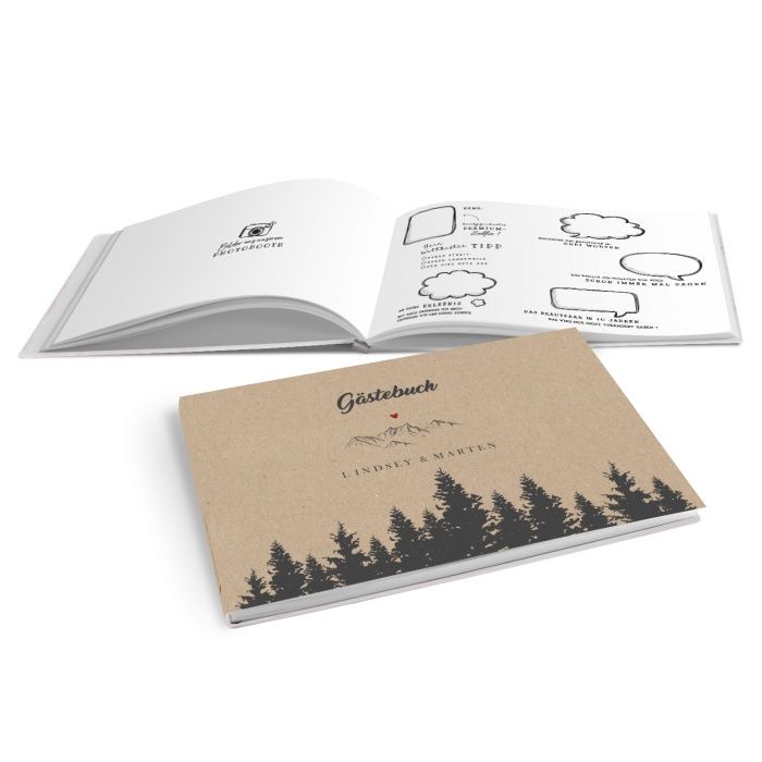 Hardcover Gästebuch zur Hochzeit mit Berg und Wald Motiv - online selbst gestalten
