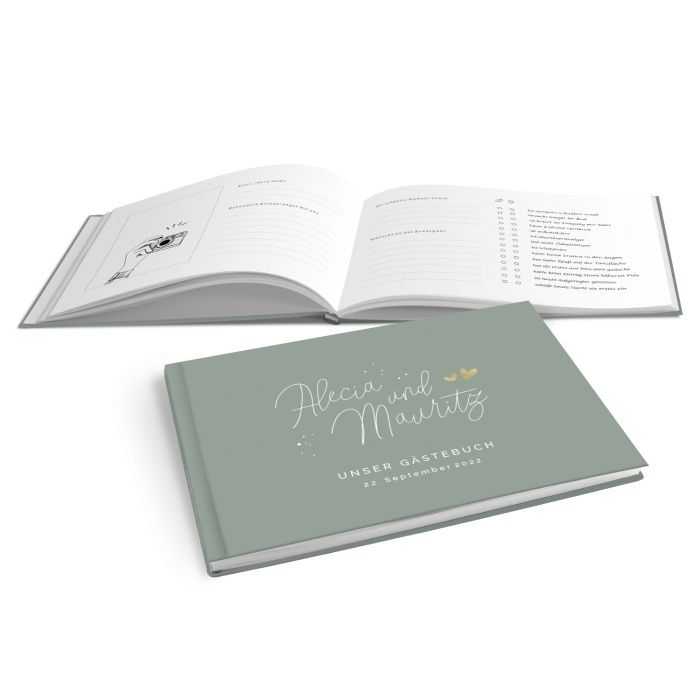 Hardcover Gästebuch mit Kalligraphieschrift und Herzen in Pastellgrün