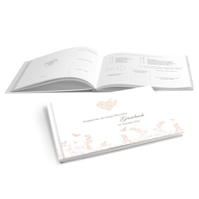 Hardcover Gästebuch mit Herz und Schmetterlingen in Apricot