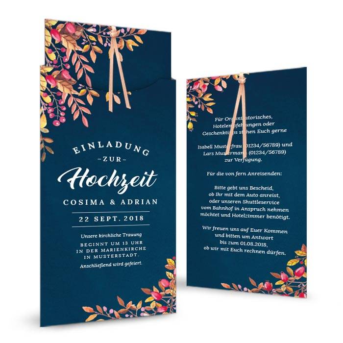 Einladung zur Herbst Hochzeit als Einsteckkarte in Dunkelblau