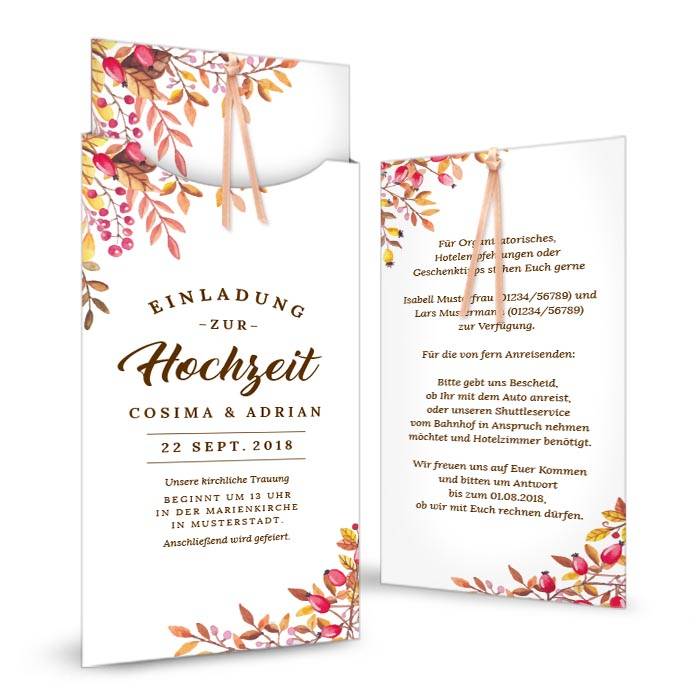 Einladung zur Herbst Hochzeit als Einsteckkarte in Weiß