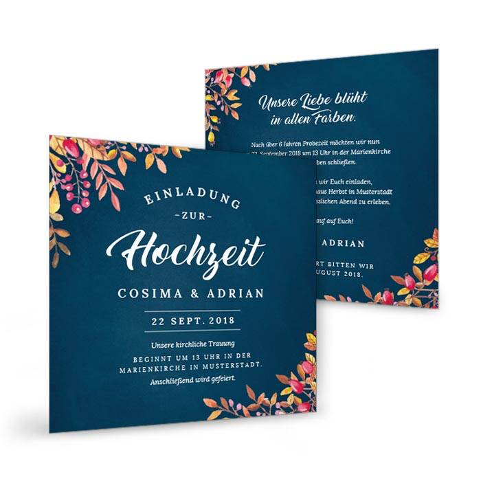 Einladung zur Herbst Hochzeit als Postkarte in Dunkelblau