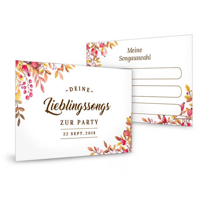 Musikwunschkarte zur Herbst Hochzeit in Weiß mit Blättern