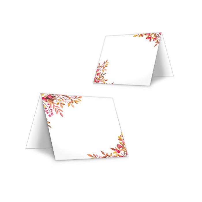 Tischkarten zur Herbst Hochzeit in Weiß mit bunten Blättern