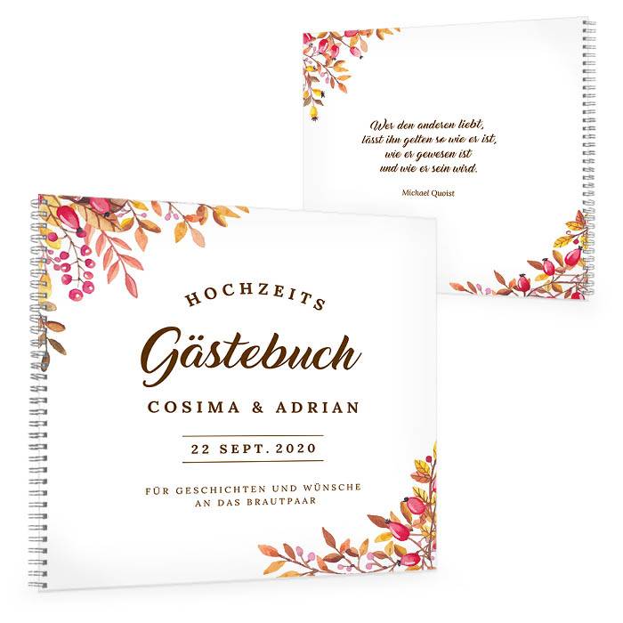Herbstliches Gästebuch zur Hochzeit mit Blättermotiv in Weiß