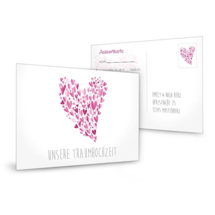 Antwortkarte zur Hochzeitseinladung mit rosa Aquarell Herz 