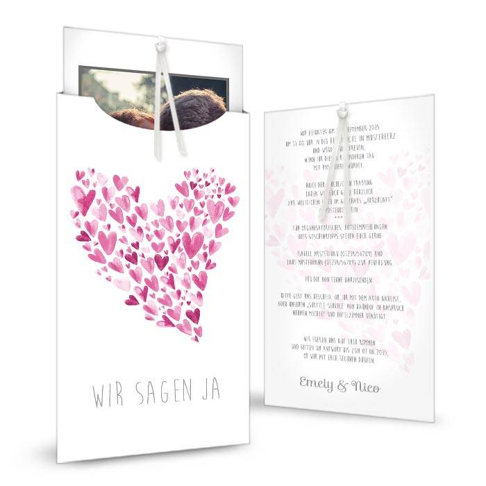 Hochzeitseinladung in Weiß mit rosa Herzen als Einsteckkarte