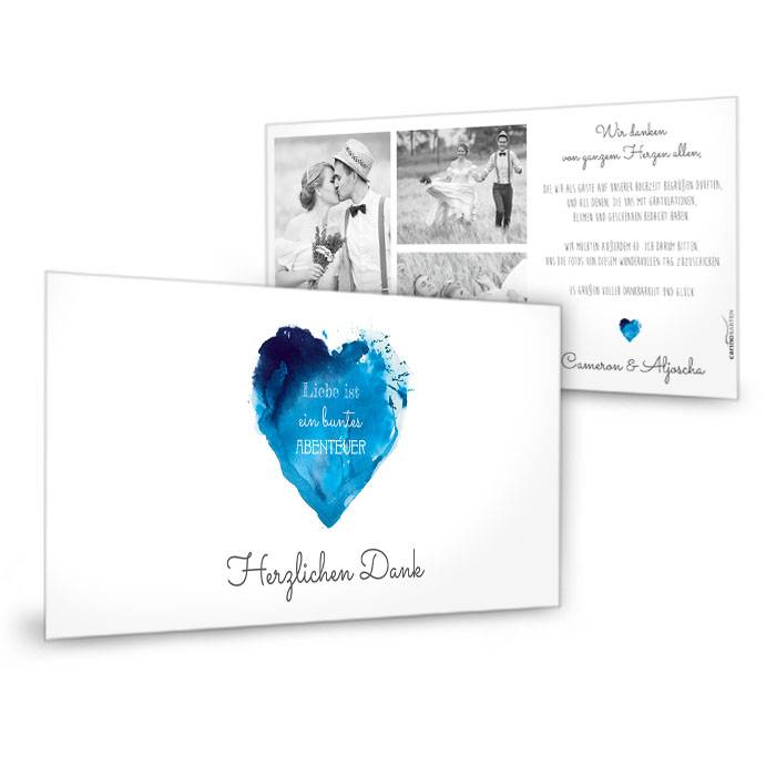 Hochzeitsdanksagung mit Watercolor Herz in Blau und Weiß