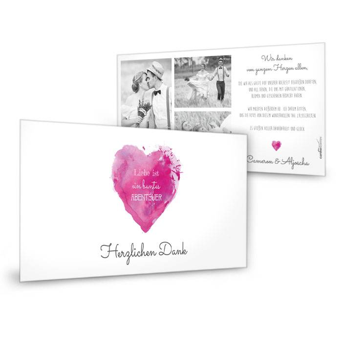 Hochzeitsdanksagung mit Watercolor Herz in Pink und Weiß