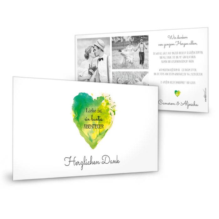 Hochzeitsdanksagung mit Watercolor Herz in Grün und Gelb