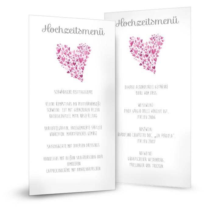 Menükarte zur Hochzeit mit rosa Herzen als Postkarte