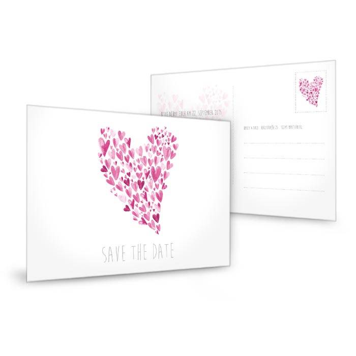Save the Date Karte in Weiß mit rosa Herzen als Postkarte