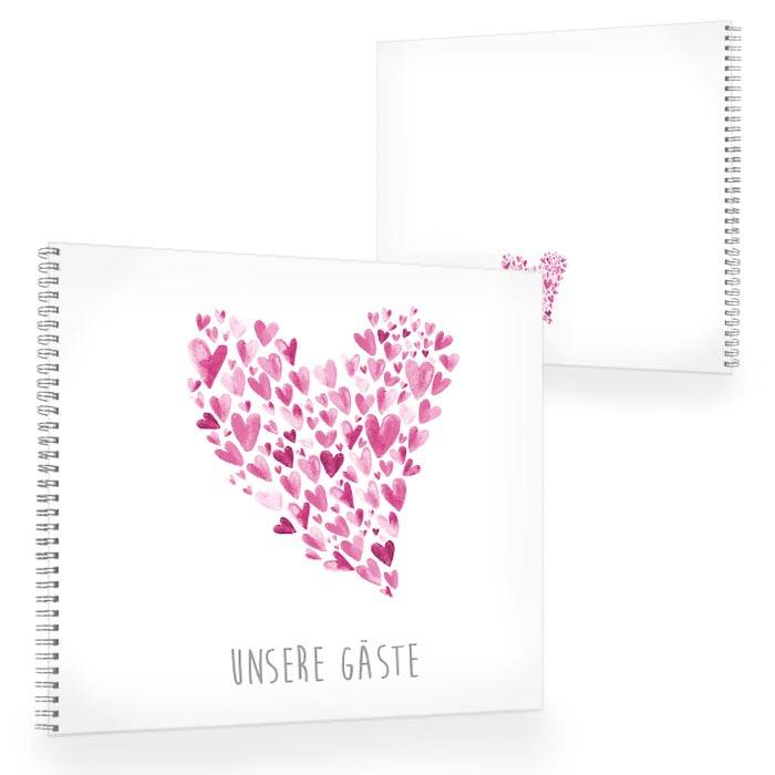 Gästebuch zur Hochzeit mit vielen rosa Aquarell Herzen