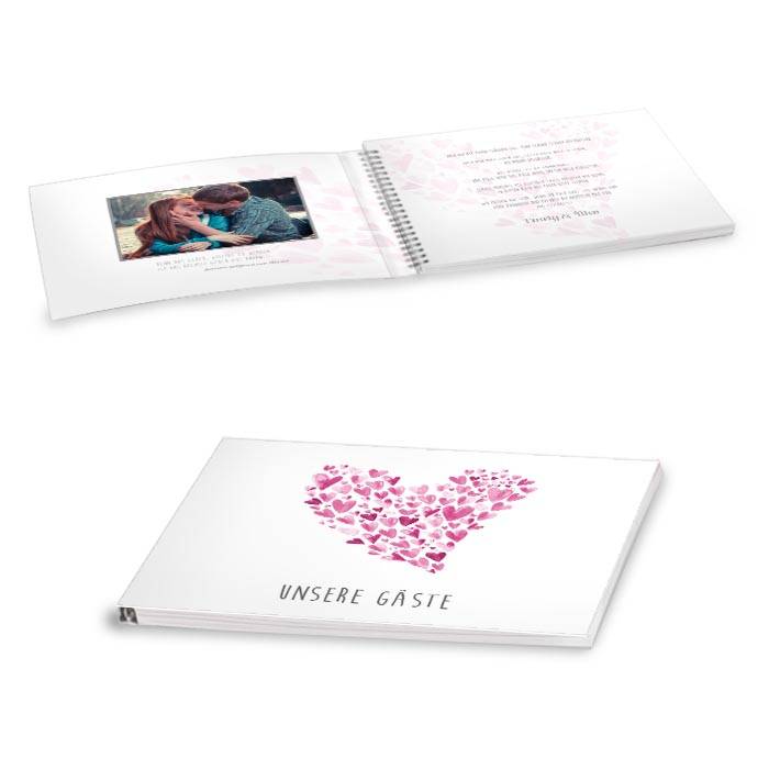 Gästebuch zur Hochzeit mit Umschlag mit vielen rosa Herzen