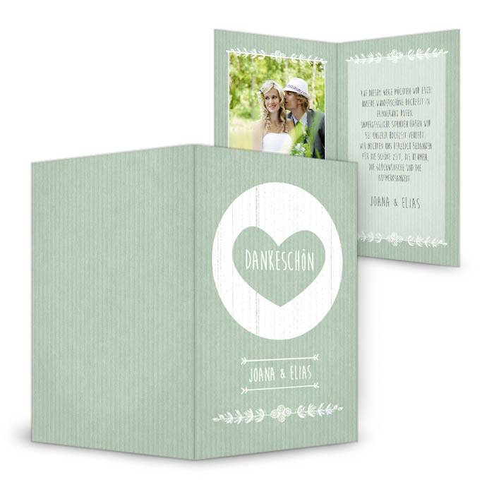 Danksagung zur Hochzeit im Packpapierstil in Grün mit Herz