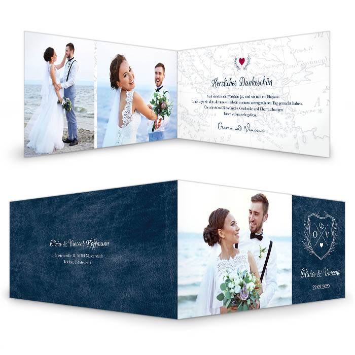 Hochzeitsdanksagung als Klappkarte für Reiseverliebte in Blau