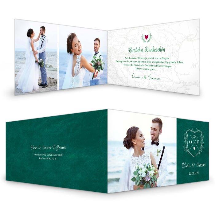Hochzeitsdanksagung als Klappkarte für Reiseverliebte in Grün