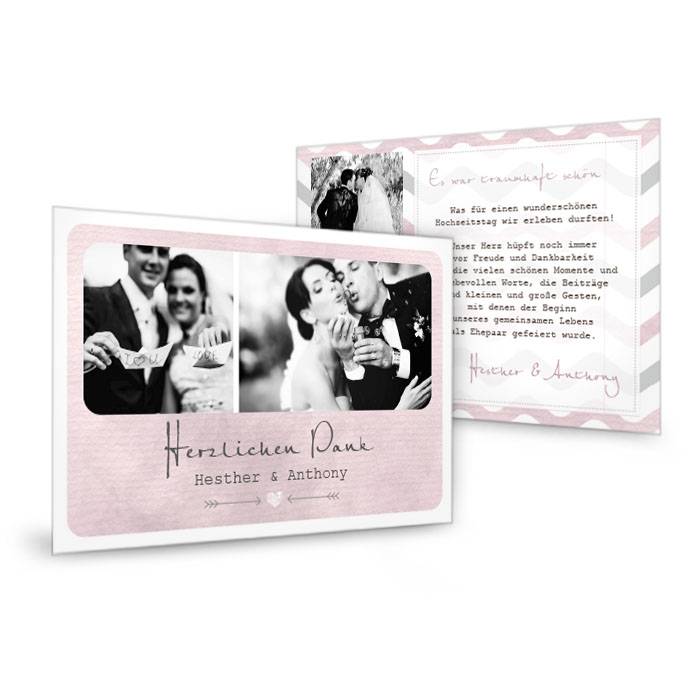 Hochzeitsdanksagung in Rosa mit Chevronmuster als Postkarte