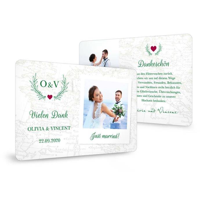 Hochzeitsdanksagung als Postkarte für Reiseverliebte in Grün