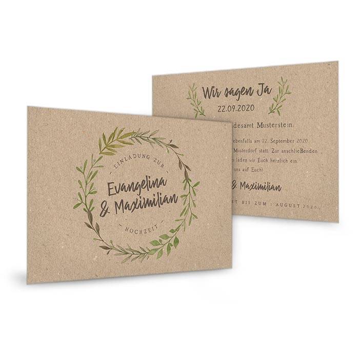 Hochzeitseinladung als Postkarte im Greenery Stil mit Blätterkranz