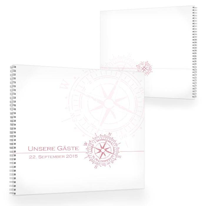 Gästebuch zur maritimen Hochzeit mit Kompass in Rosa