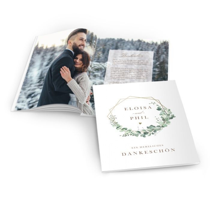 Hochzeitsdanksagung als Fotoheft mit Eukalyptus und goldenen Rahmen - online selbst gestalten