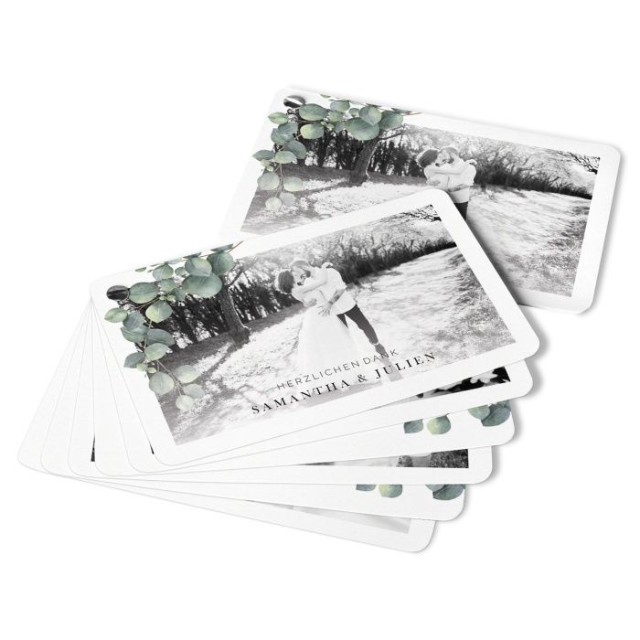 Hochzeitsdanksagung als Kartenfächer im Greenery Stil mit Eukalyptusmotiv - online selbst gestalten